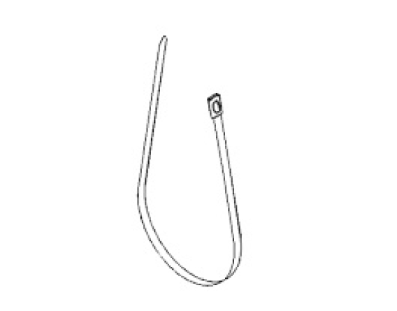 A cable tie with a ridged stem and rectangular head.