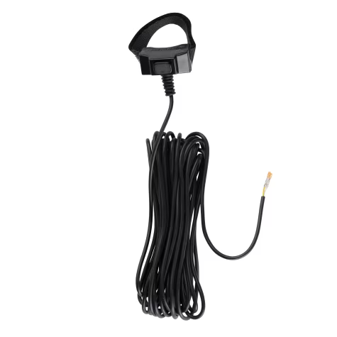 Câble en spirale noir avec connecteur jack et sangle Velcro.