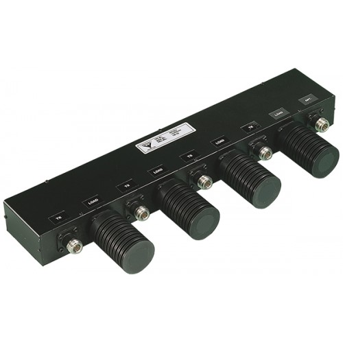 Black distribution box with five connectors and labels.