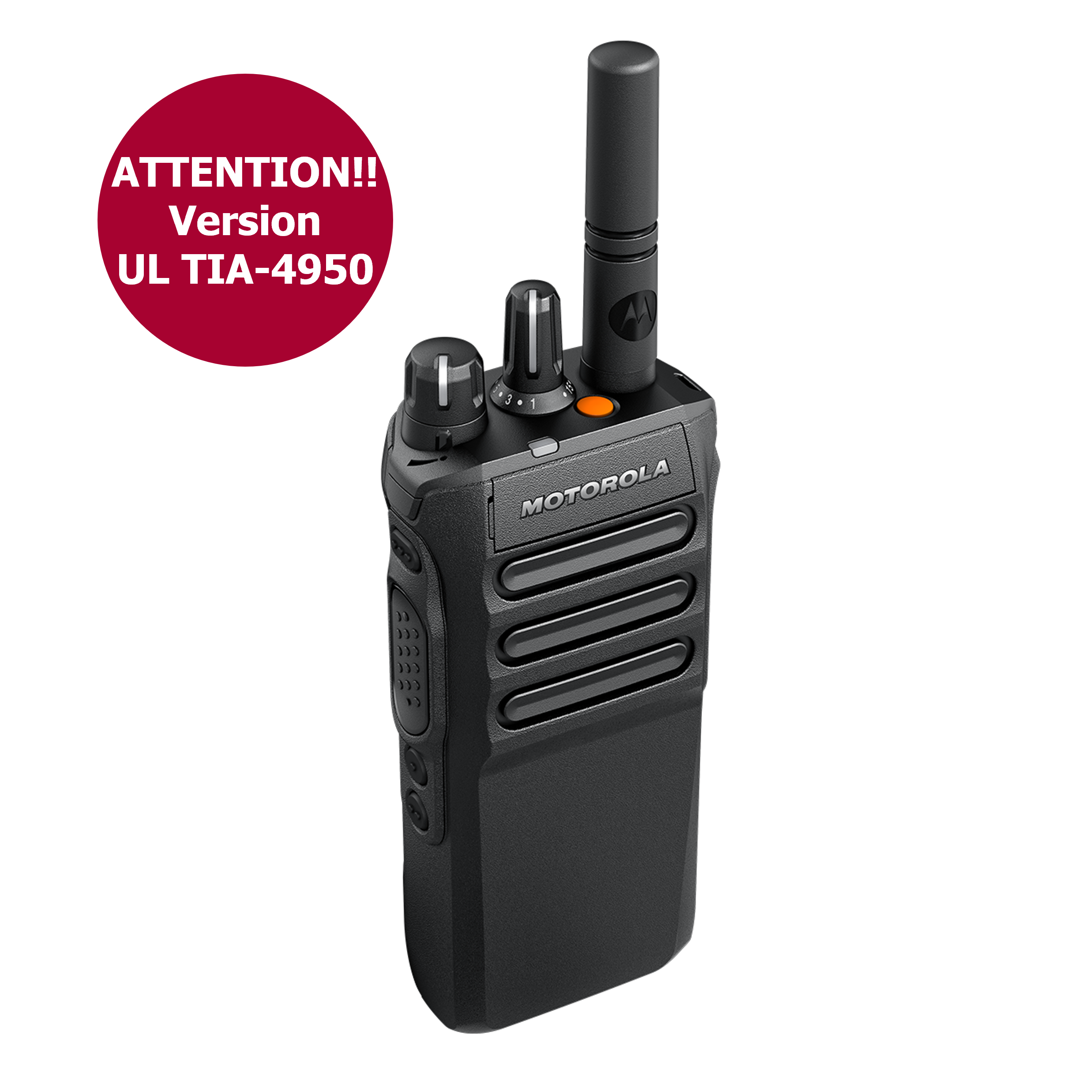 Portofoon met antenne en UL TIA-4950 waarschuwing.