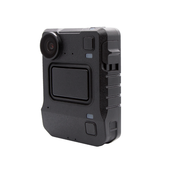 Black-gray wearable camera with lens at top left.