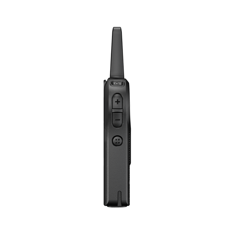 Zijaanzicht van zwarte radio met antenne en drie knoppen.