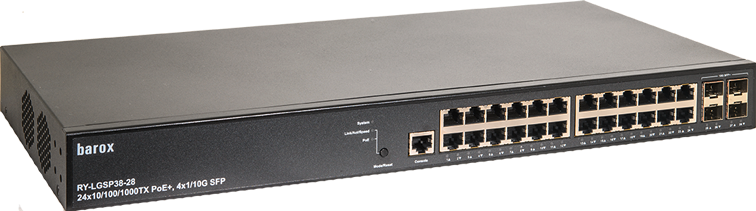Netwerkschakelaar met 24 Ethernet-poorten en 4 SFP-poorten.