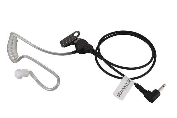 Zwart oordopjeskabel met heldere akoestische buis en oorstuk. 3,5 mm plug.