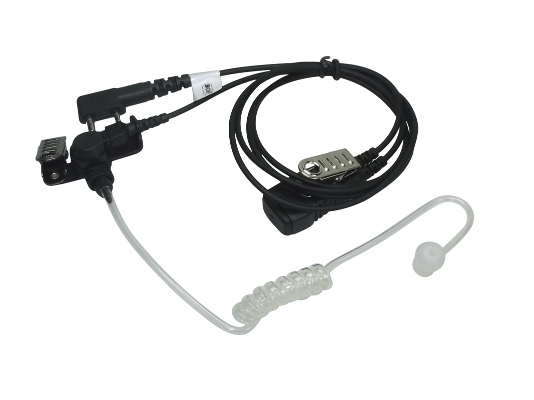Oortelefoon met transparante buis, zwart snoer, microfoon en clip.