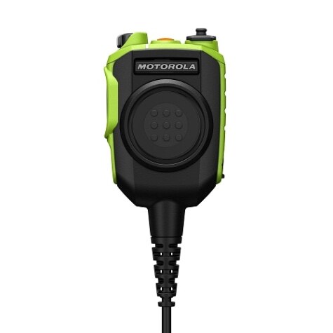 Hand microphone with speaker unit, green-black, Motorola logo on top.