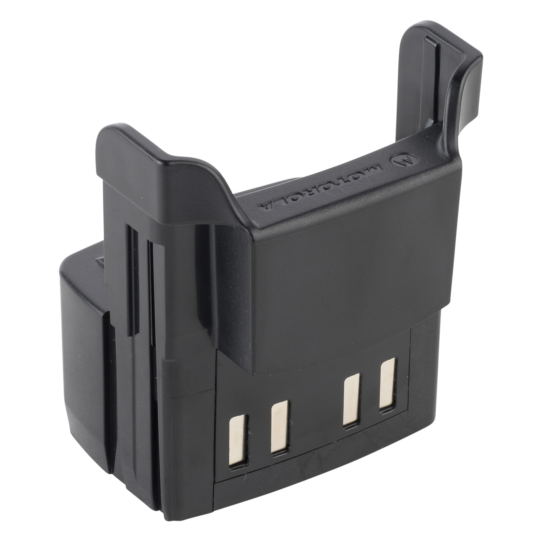 Chargeur noir avec quatre contacts métalliques en haut.