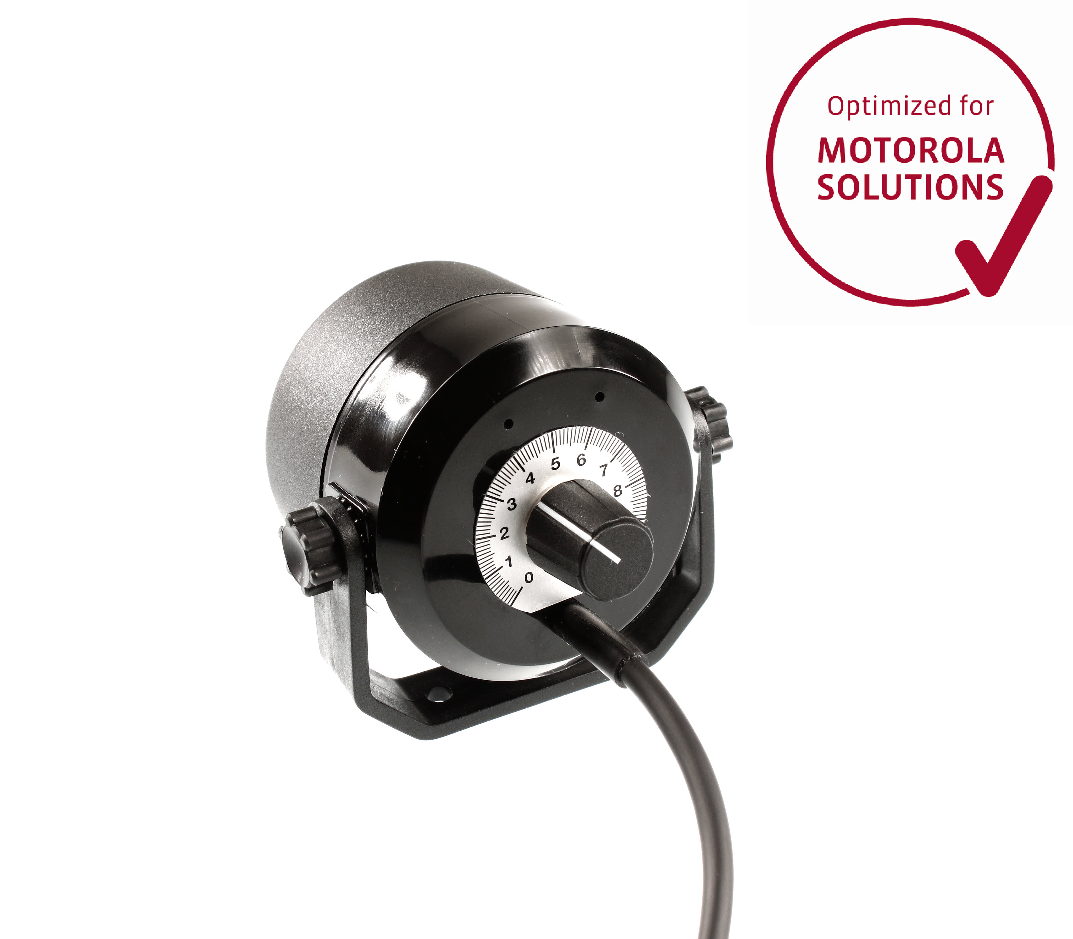 01_6601_00000051_PEI_Optimized_02.jpg Zwarte draaiknop met nummers en kabel, gecertificeerd voor Motorola Solutions.