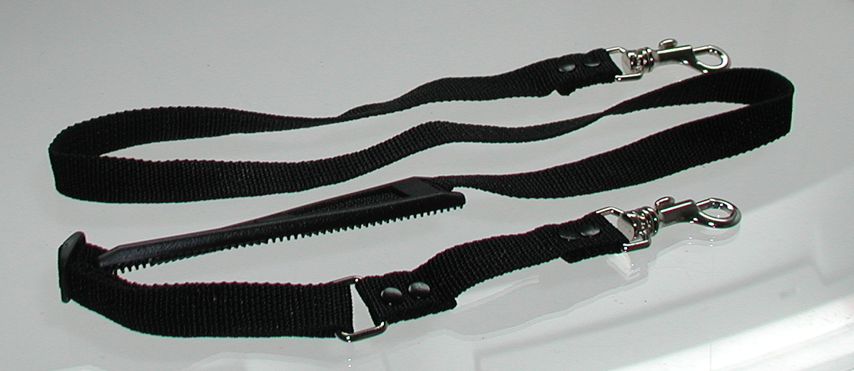 Twee zwarte hondenriemen met metalen clips op witte achtergrond.