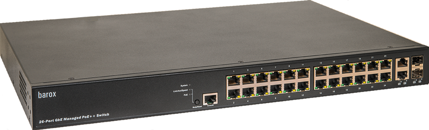 26-poorts GbE Managed PoE+ Switch met meerdere Ethernet-poorten, zwart.