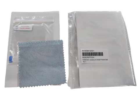 Two sealed bags, one with a blue cloth, the other with a paper label.