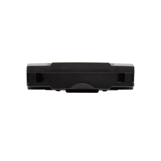 Black plastic cassette with rectangular shape and rounded edges.
