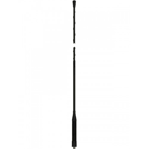 Zwarte telescopische antenne, uitgeschoven, tegen witte achtergrond.