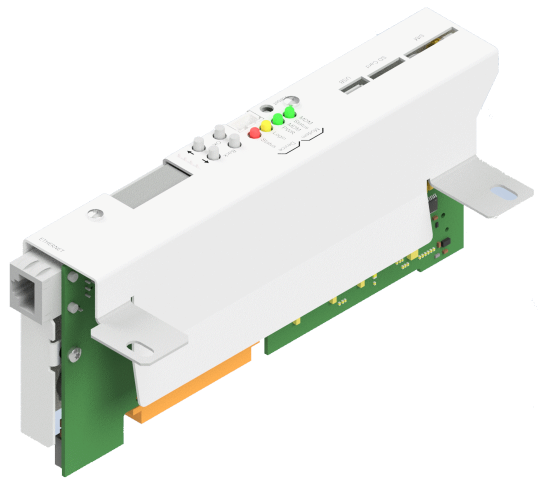 Elektronische eenheid met Ethernet-poort, LED's en knoppen.