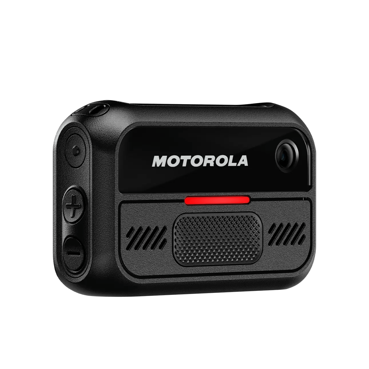 Zwarte draagbare camera met plus- en minknoppen aan de zijkant.