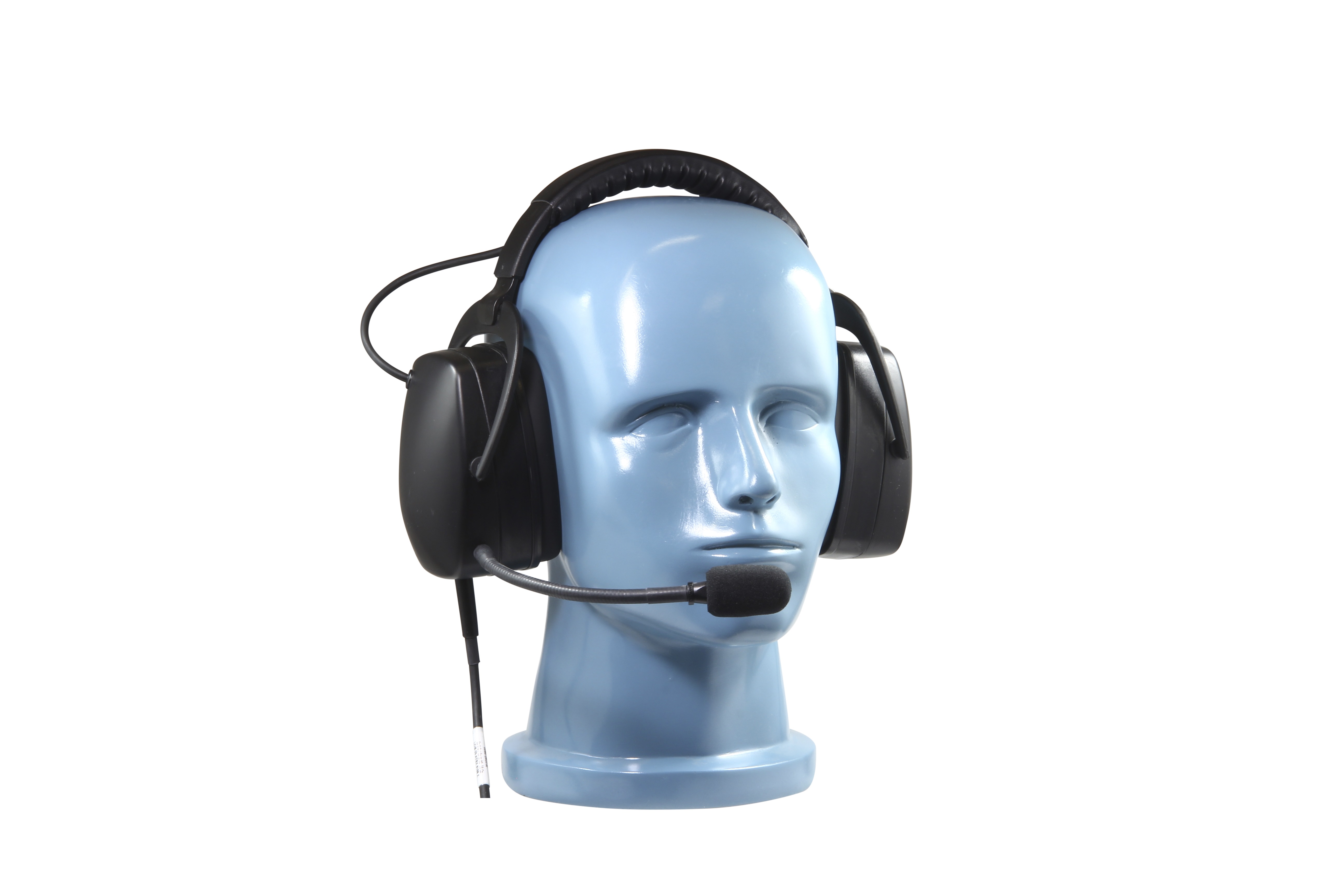 Blue mannequin head wearing black headset with microphone.