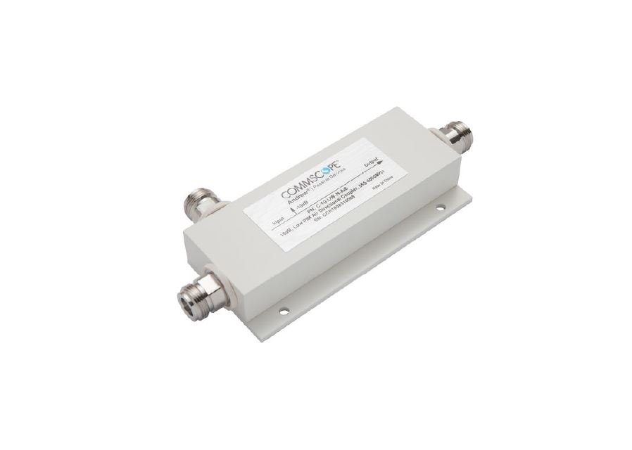 Light grey electronic component with two connectors and label with specifications.