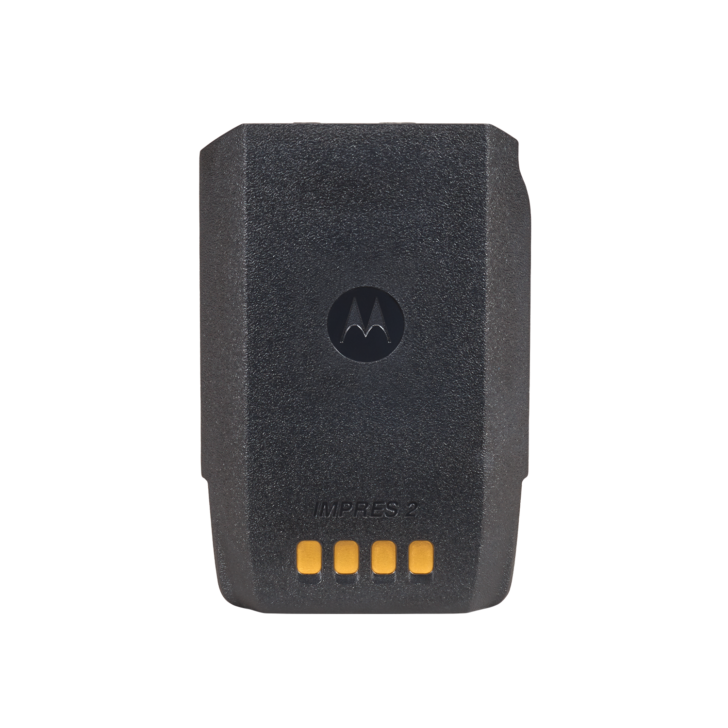 Black battery with yellow contacts at bottom, logo at top.