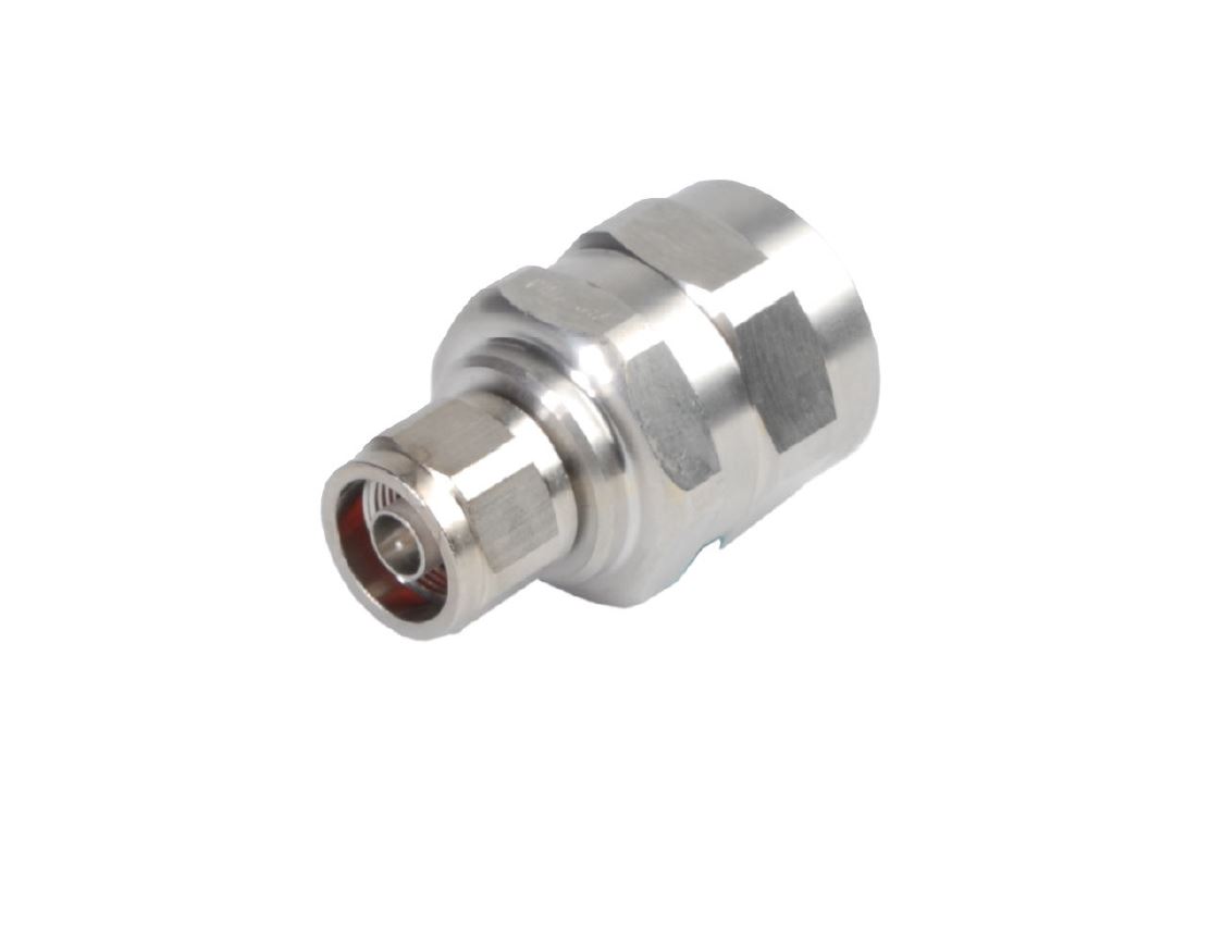 Connecteur métallique cylindrique avec filetage, couleur argentée.