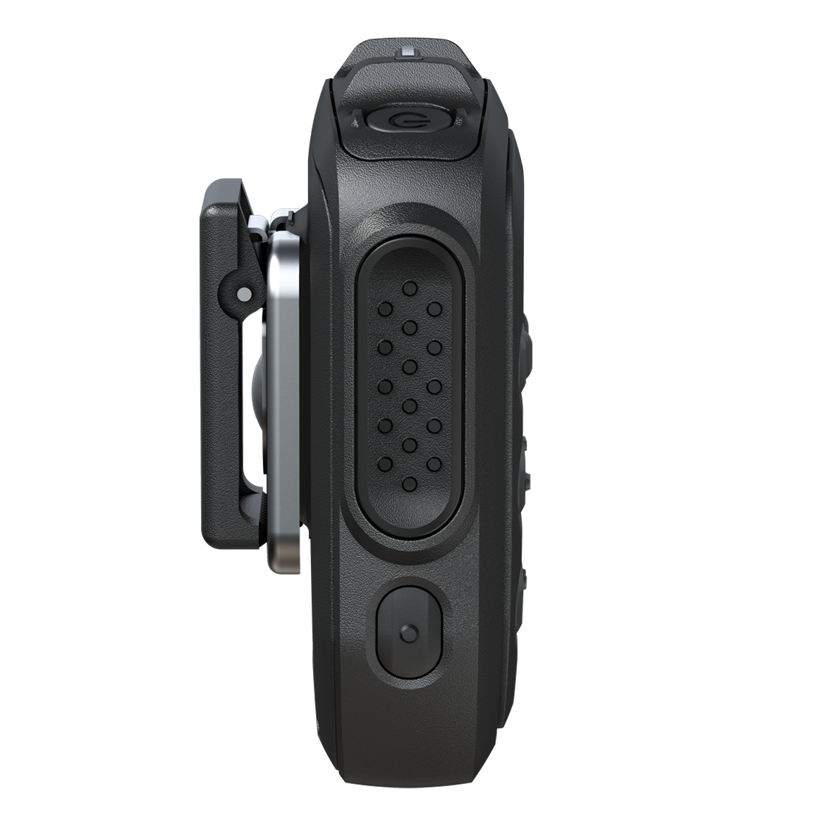 Vue latérale d'un appareil électronique portable noir et rectangulaire.