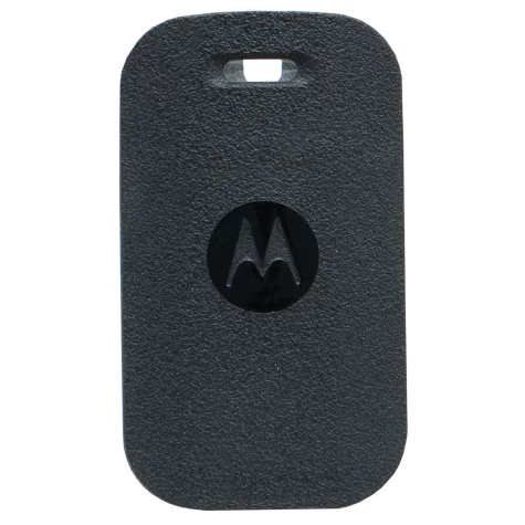 Porte-clés noir avec logo Motorola, rectangulaire à coins arrondis, ouverture en haut.