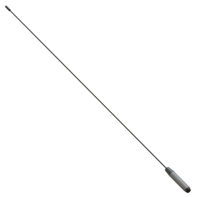 Antenne de véhicule longue et fine avec base à ressort sur fond blanc.