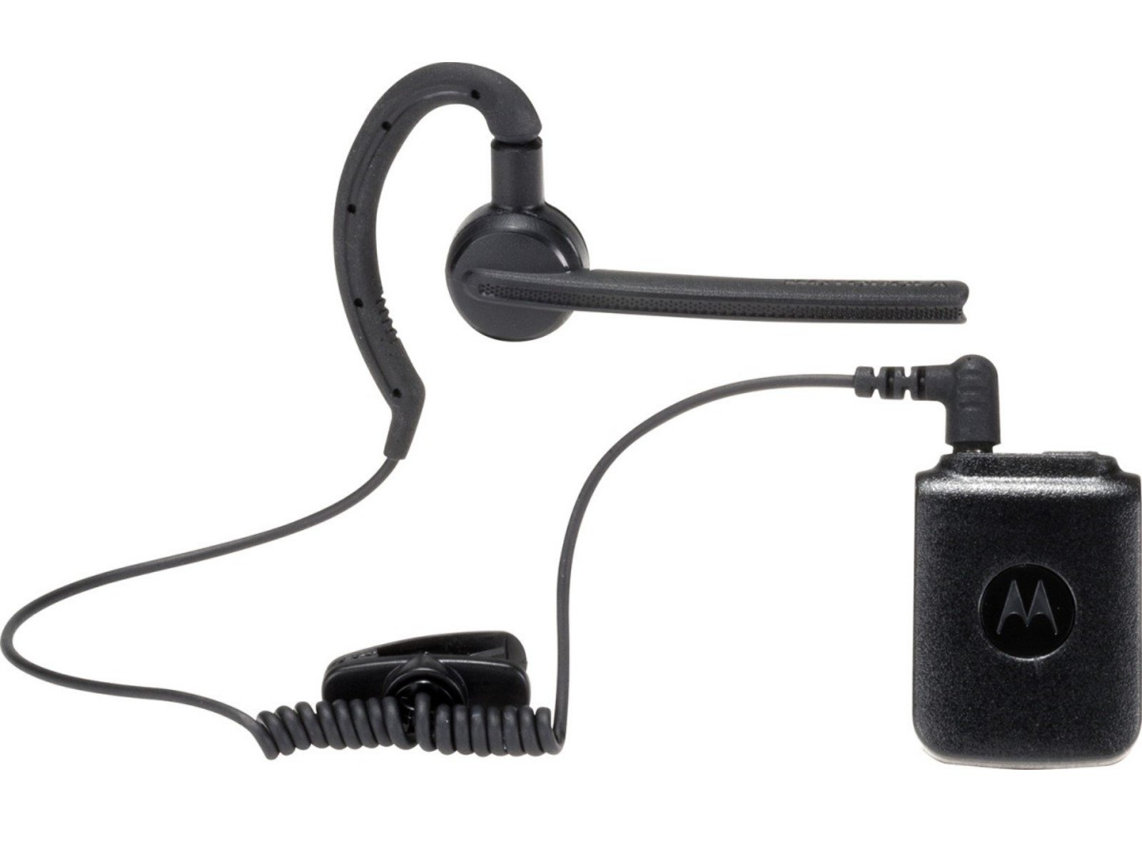 Black headset with ear hook and microphone, connected to a wired control device.