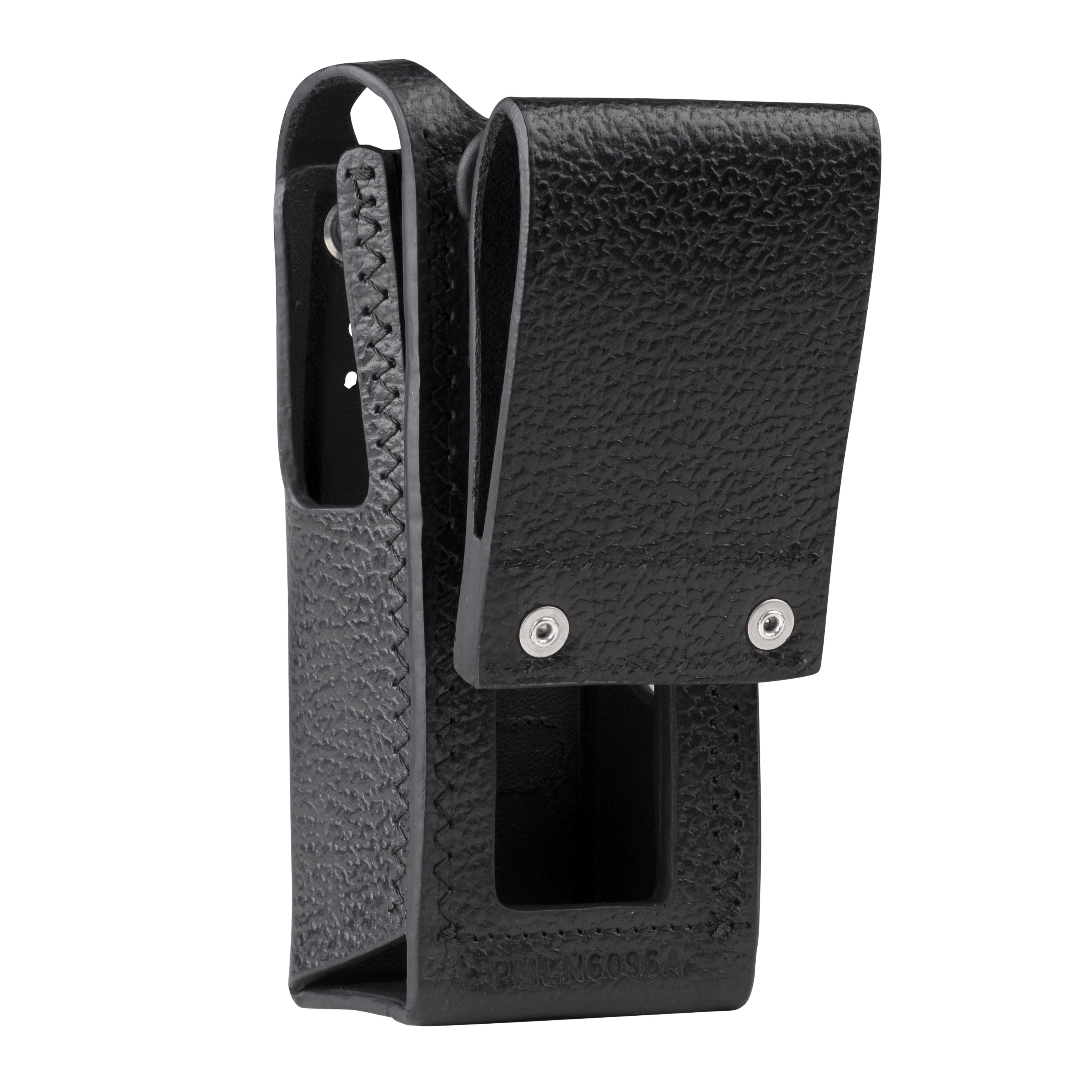 Black leather carrying case with metal buttons, open.