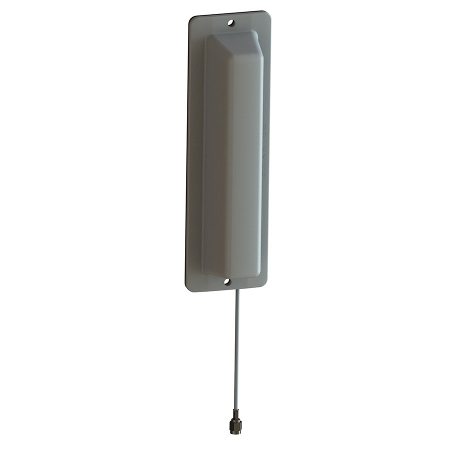 Grijze rechthoekige antenne met lange, dunne kabel.