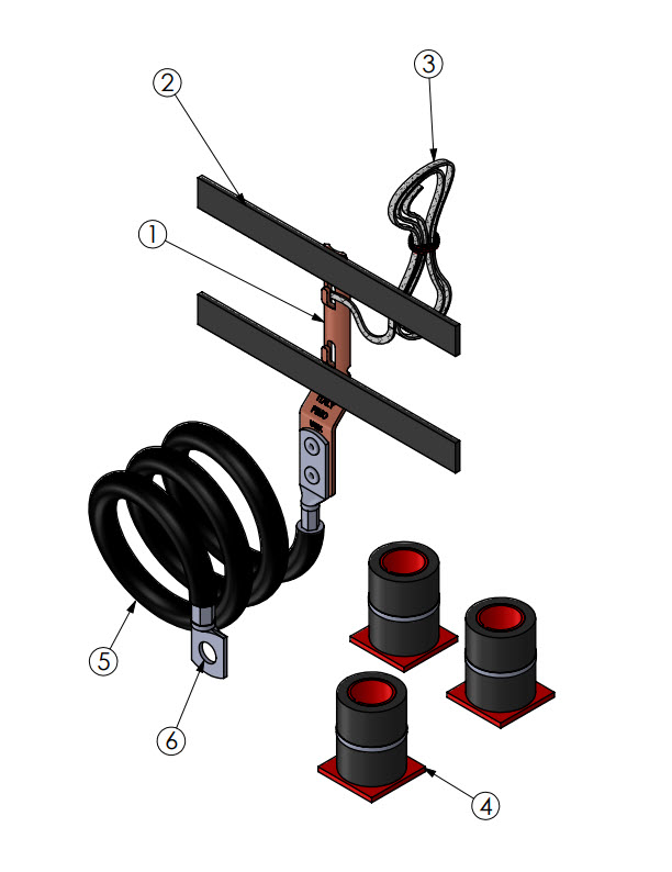 Exploded view van een elektrisch verbindingssysteem met kabels, klemmen en isolatiemateriaal.