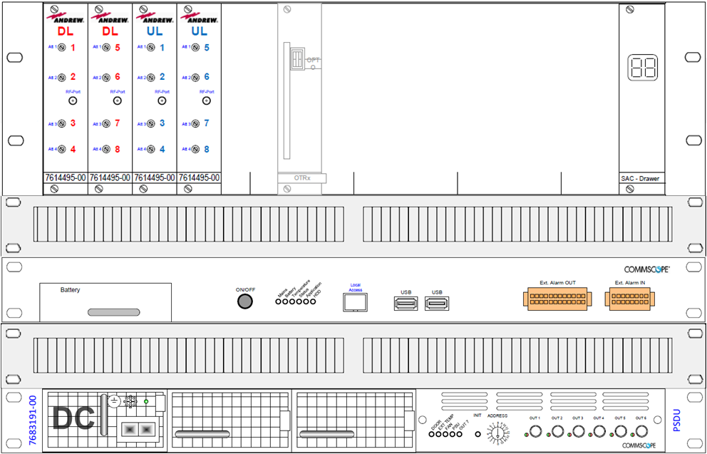 Network device with ports, buttons, and display panel mounted in rack.