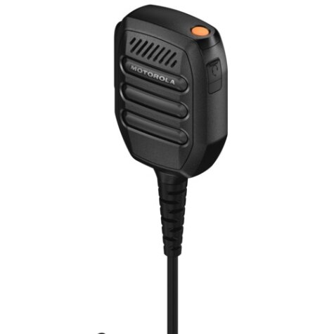 Microphone main noir-gris avec câble, bouton rouge en haut.