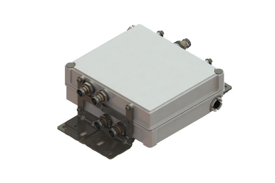 Metal box with multiple connectors, rectangular shape, gray color.