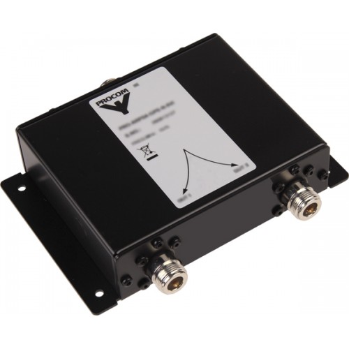 Black electronic box with two connectors and a label.