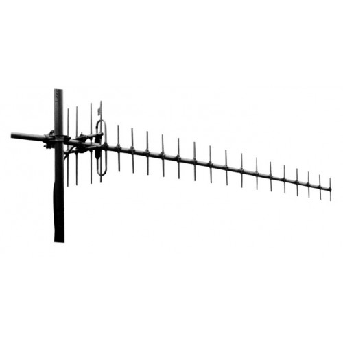 Yagi antenna with multiple elements mounted on a mast.