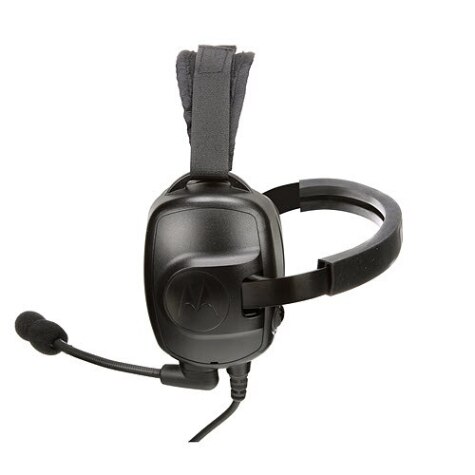 Casque noir avec micro et bandeau rembourré.