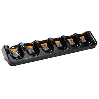 7000-00405000_mot_01.jpg Oplader met zes sleuven voor radio's, zwart met oranje indicatoren.