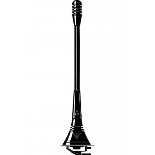 Antenne de toit noire avec long mât et large base.