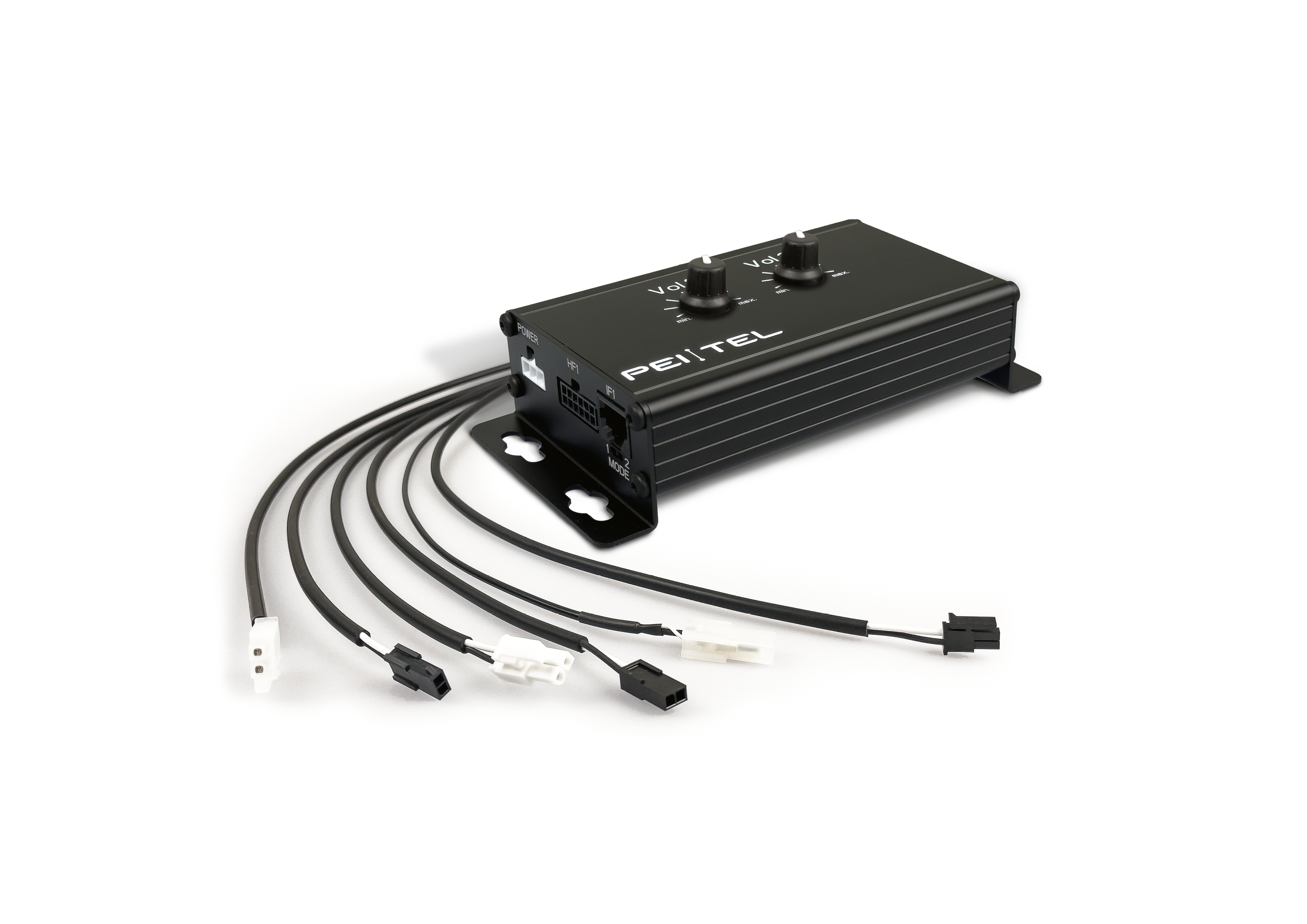 Zwarte audioconverter met meerdere poorten en kabels.