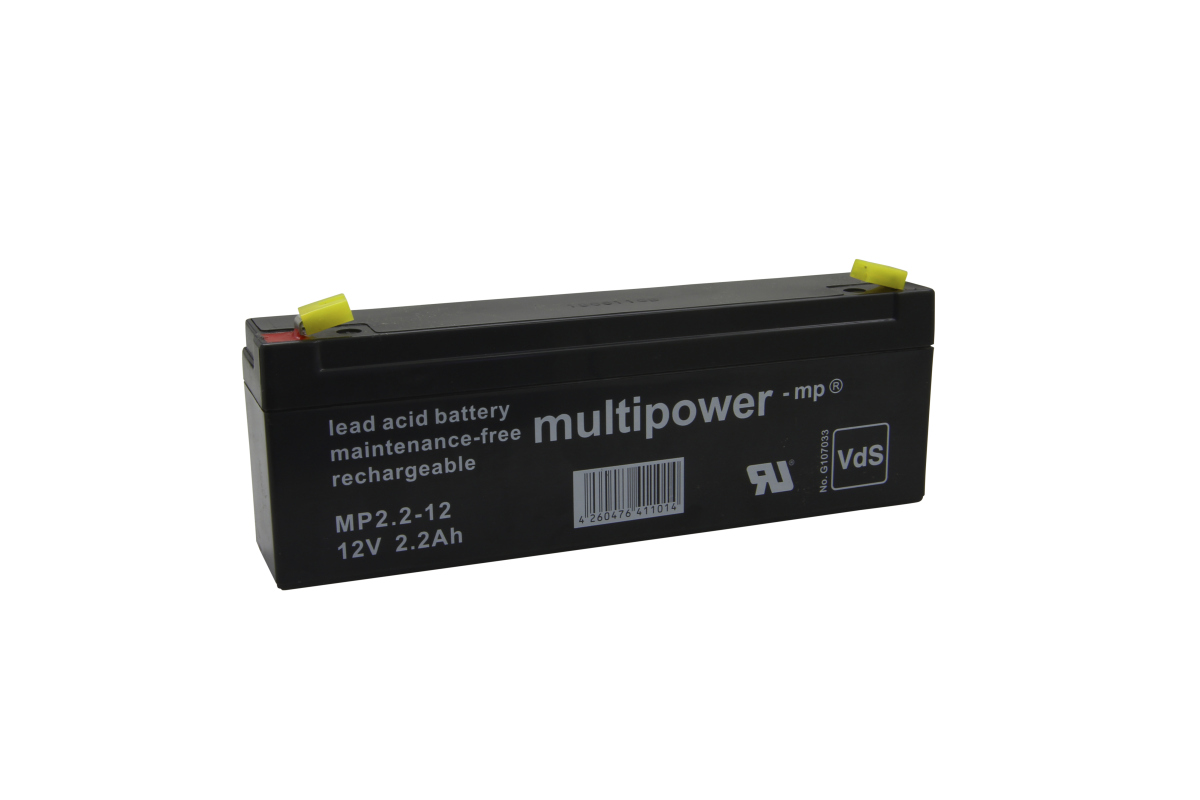 COP Multipower loodaccu MP2,3-12 (MP2,2-12) voor noodstroomvoorziening, VDS-goedkeuring, aansluiting 4,8mm Faston, 12 Volt 2,3AH Onderhoudsvrije loodaccu, oplaadbaar, 12V 2.2Ah, zwart.