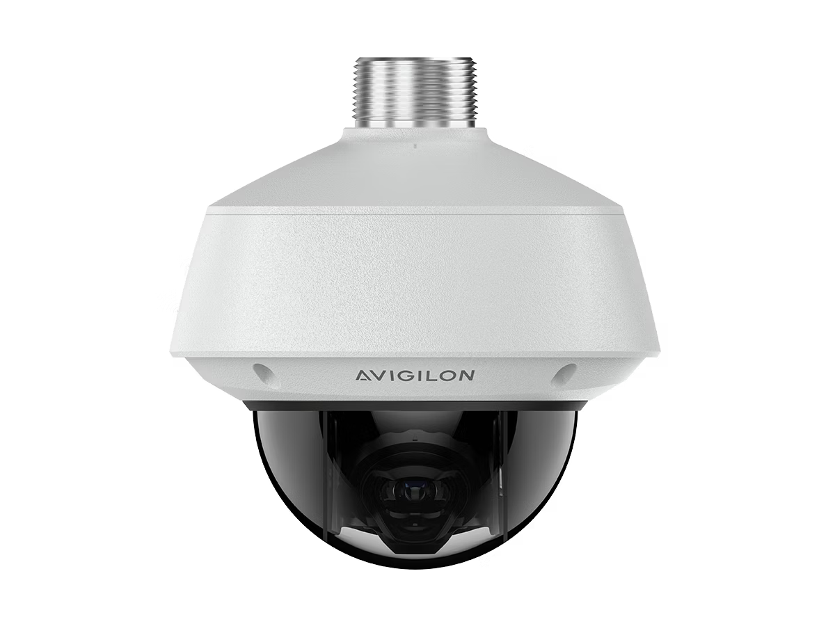 Witte koepelbewakingscamera met Avigilon-logo.