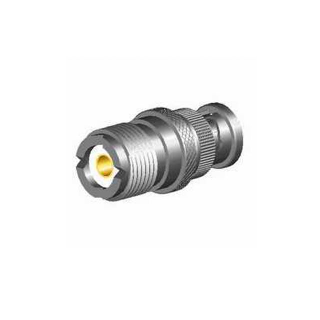 Silver coaxial connector with cylindrical shape.