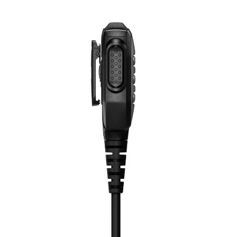 Side view of a black handheld microphone with cable and clip.