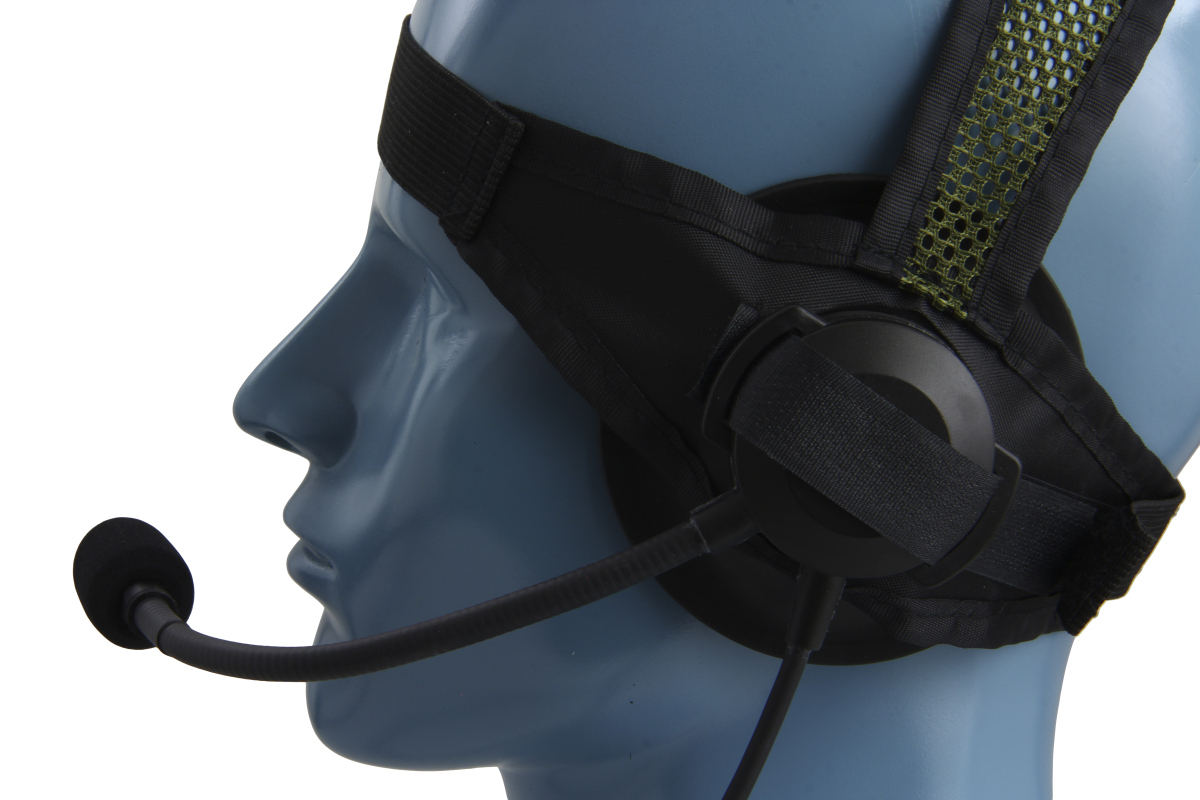 Mannequin met headset en microfoon aan de linkerkant van het gezicht.