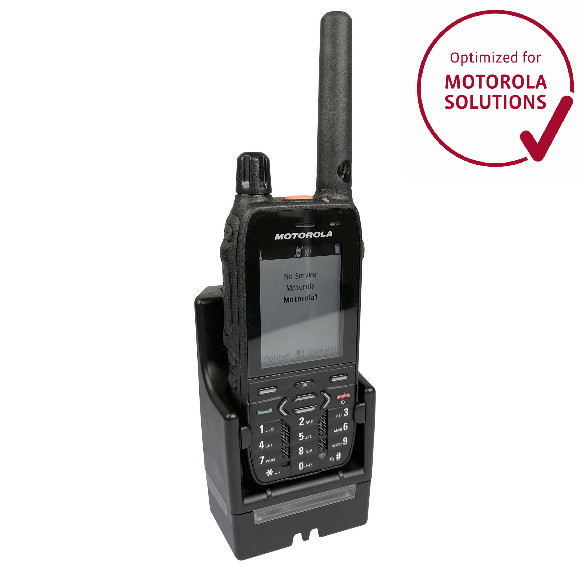 Radio in oplader, scherm toont 'No Service', Motorola-logo bovenaan.