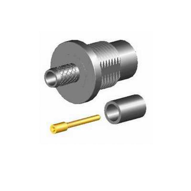 Metalen coaxconnector en accessoires, bestaande uit drie delen.
