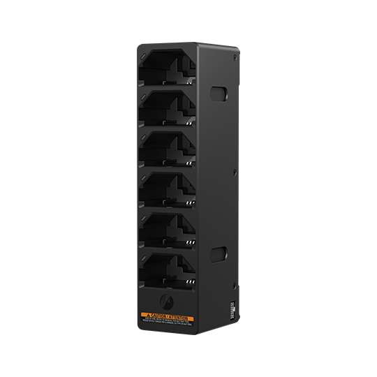 Black vertical charger with six slots.