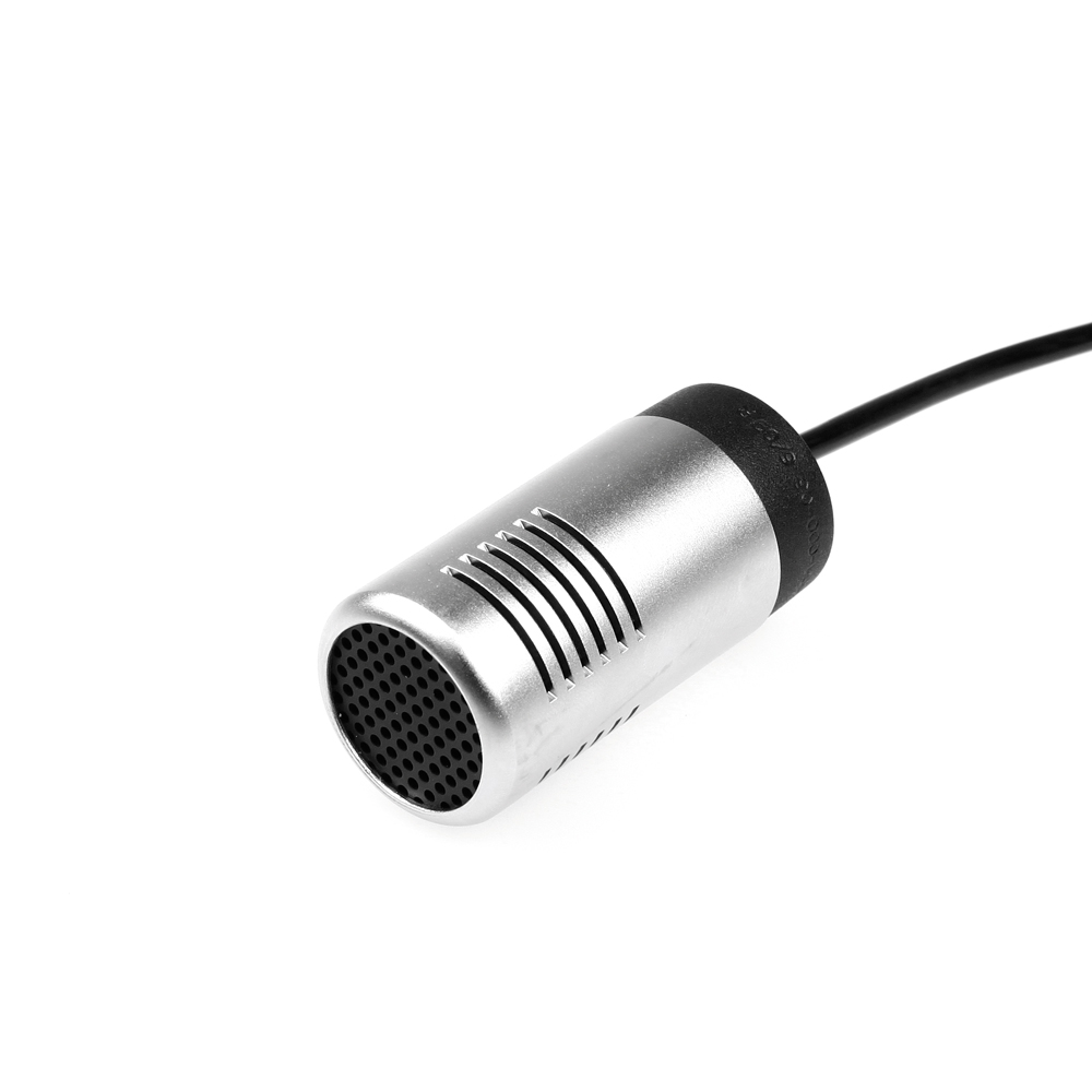 Microphone cylindrique avec câble, boîtier en métal argenté.