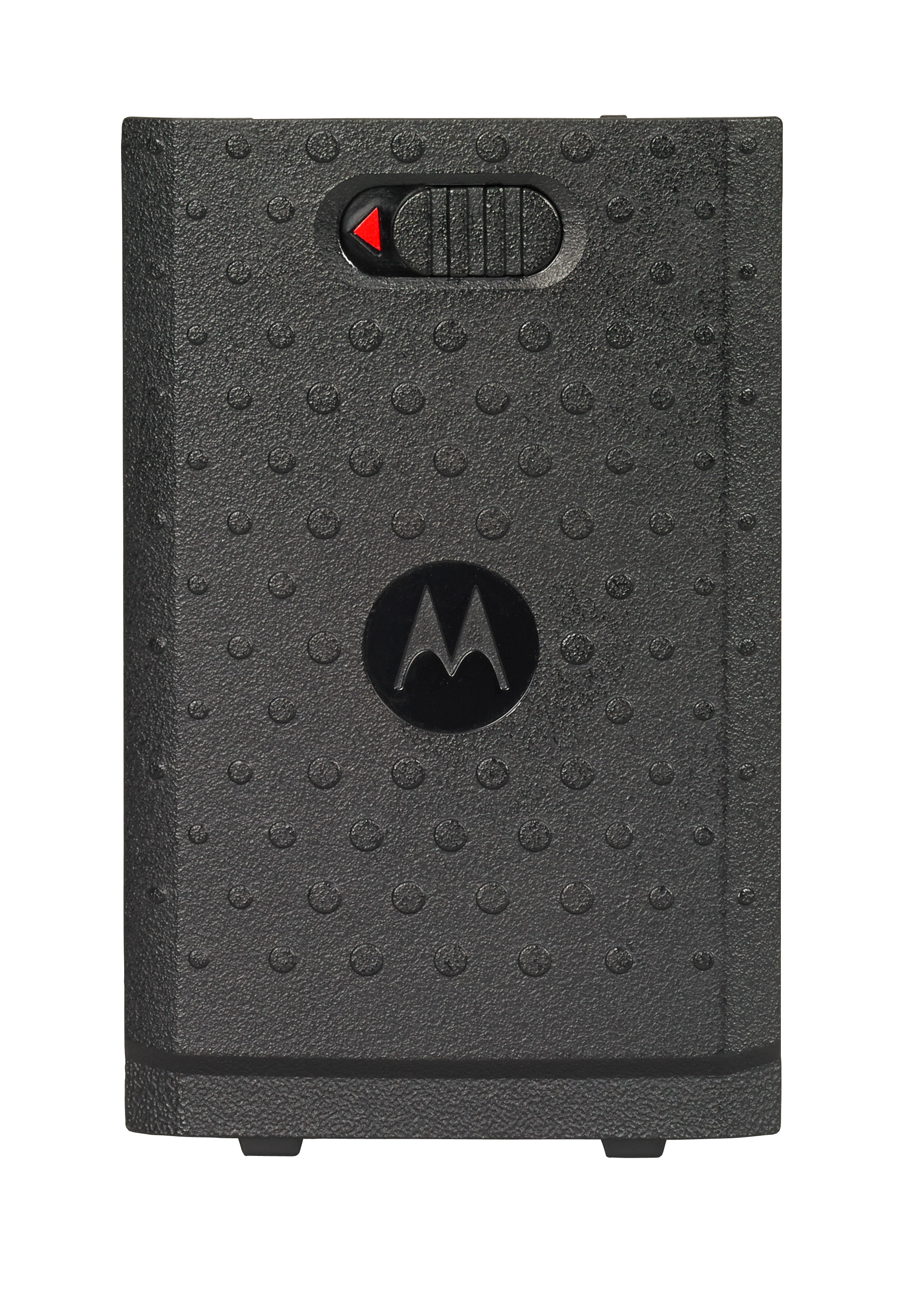 Black textured plastic case with red switch and logo.