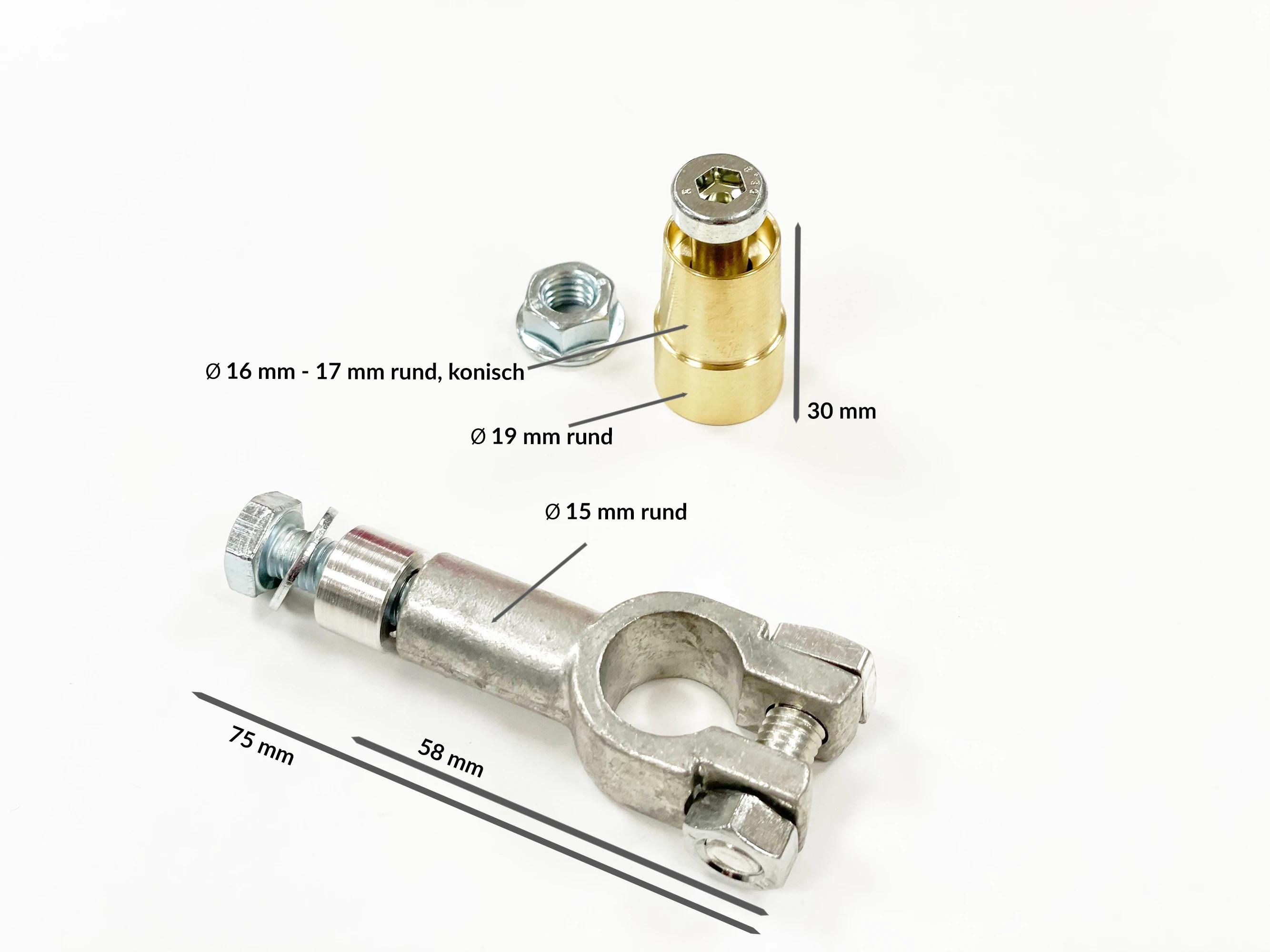 Pièces métalliques avec dimensions et étiquettes Ø16-17mm, Ø19mm, Ø15mm, 75mm, 58mm, 30mm.